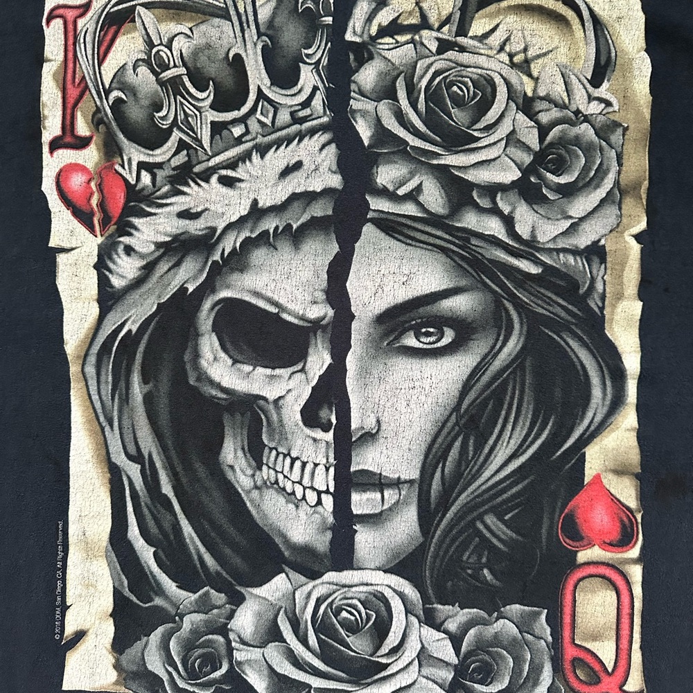 DOM Tattoo King & Queen of Hearts split-face skull Gothic Graphic T-Shirt 3XL